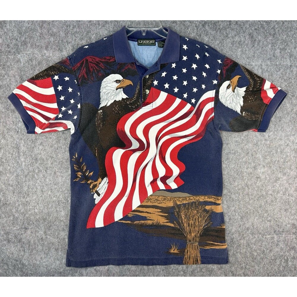 Vintage LINKSPORT Golf Polo Shirt Men’s All Over Print USA Flag Eagle Sz M